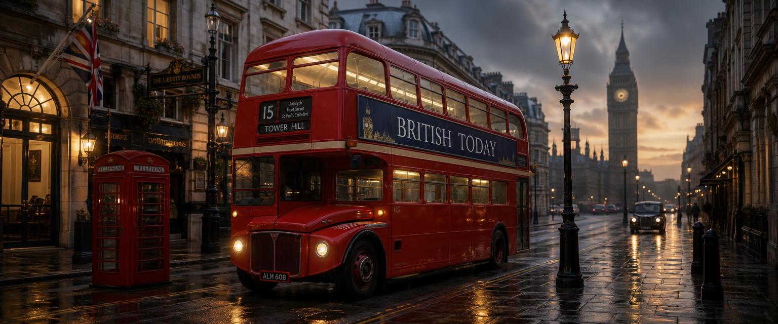 A red London double-decker bus with British Today livery on a wet street at dusk