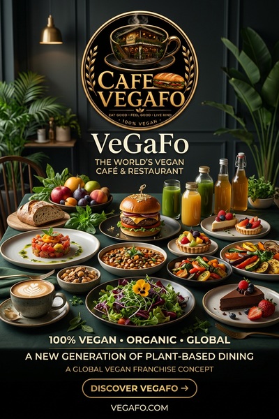 VeGaFo premium vegan and organic café restaurant campaign featuring colorful plant-based dishes, fruit, salads, desserts, coffee, and natural juices